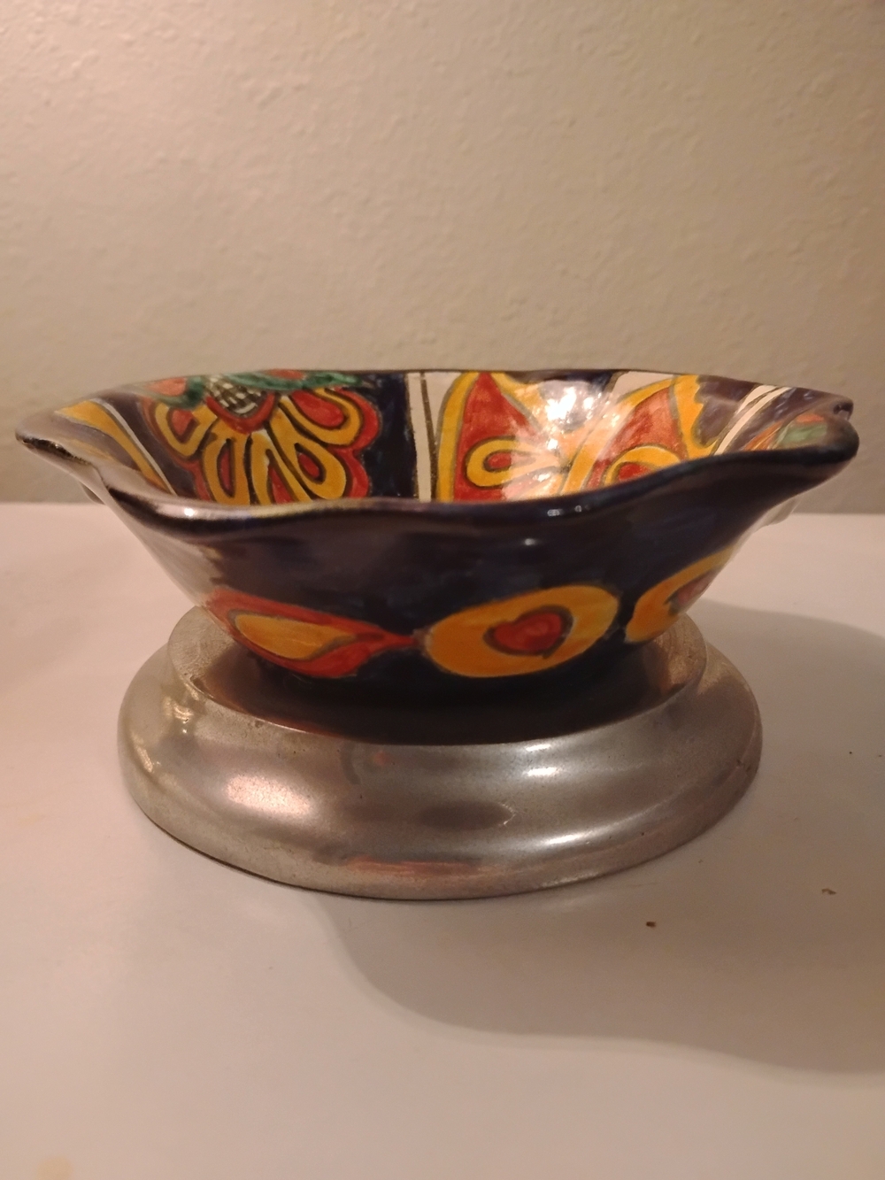 Vintage Folk Art Handpainted Ceramic Bowl with Pewter Base. 6"  Talavera